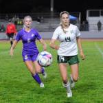 Sequim Gazette photo by Michael Dashiell
Sequims Ivy Barrett, left, and Port Angeles Sophia Ritchie vie for possession in the first half of an Olympic League showdown on Sept. 26. Port Angeles edged the Wolves 3-2 in overtime.