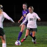 Sequim Gazette photo by Michael Dashiell
Sequims Haley Wagner, challenges Port Angeles Teanna Clark for the ball as the Wolves and Roughriders clash in overtime on Sept. 26.