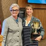 Photo courtesy of Sequim Bay Yacht Club / Carolyn DeSalvo, SBYC rowing co-captain, and Jeanne Neal, 2024 recipient of the John Halberg award
