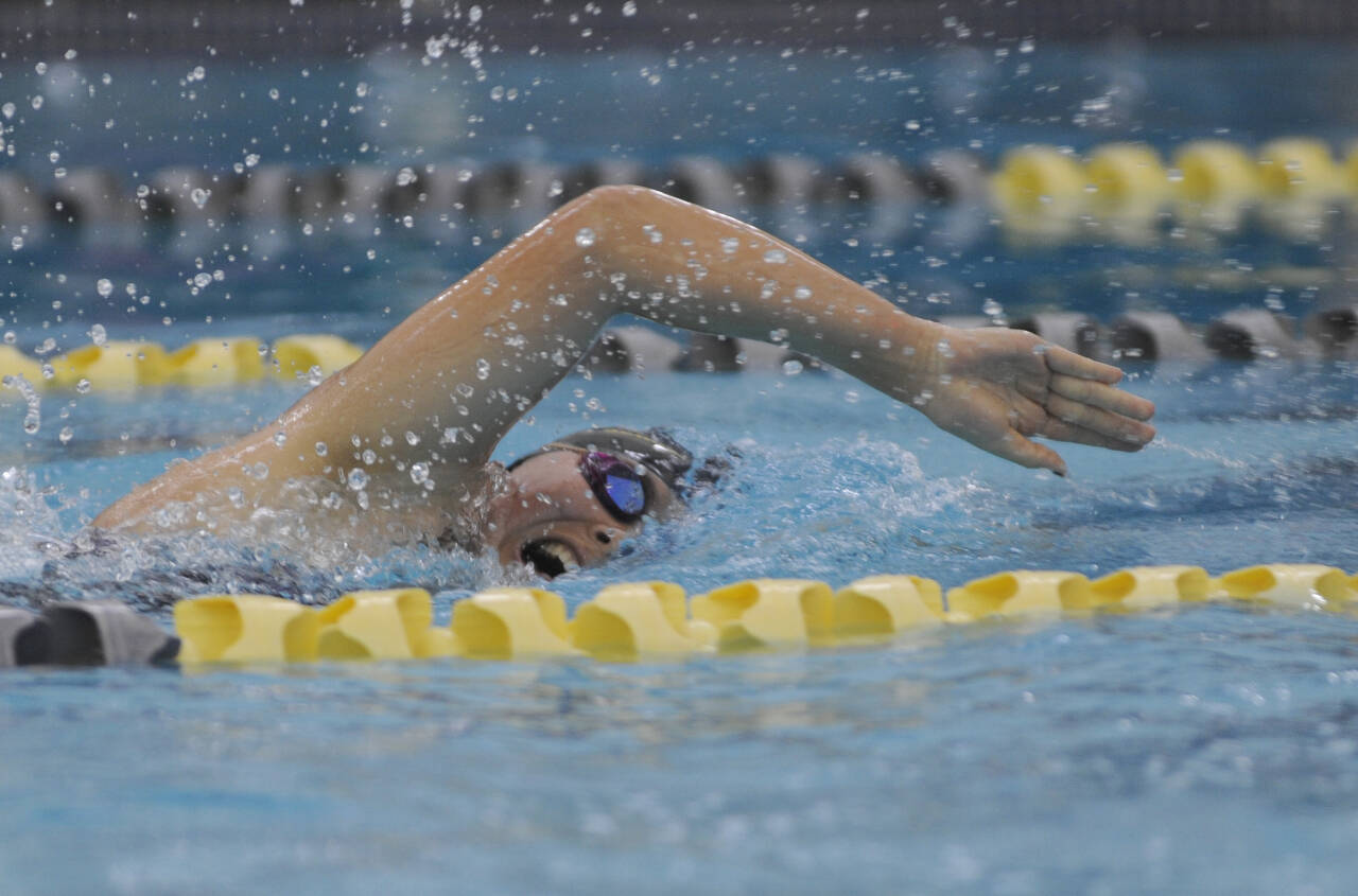 Sequim Gazette file photo by Michael Dashiell / Sequims Melia Nelson competes against Port Angeles in the 200 free in an Olympic League meet on Sept. 25. Nelson earned a first place finish in the 500 free with a 6:24.38 mark in an Oct. 2 league meet at North Kitsap.