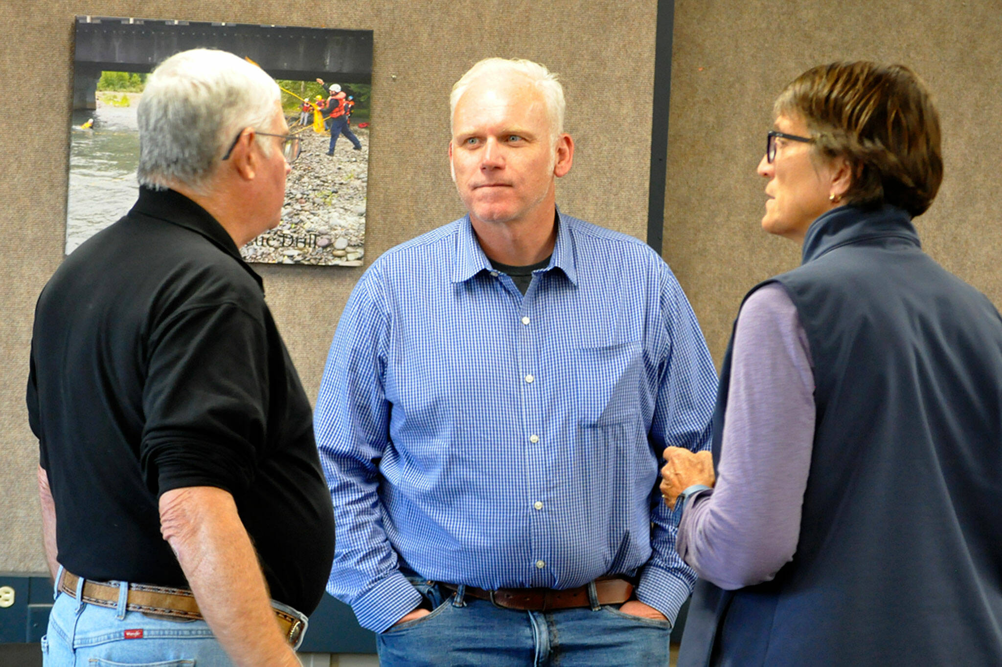Sequim Gazette photo by Matthew Nash/ Kevin Van De Wege, a candidate for the Commissioner for Public Lands, center, answers questions before a forum July 25 for the Olympic Peninsula Fire Commissioners Association from Clallam County Fire District 3 board chairman Jeff Nicholas and Jefferson County Fire Protection District 2 commissioner Marcia Kelbon, also a candidate for Van De Weges current senate seat. Van De Wege last week resigned his senate position.