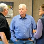 Sequim Gazette photo by Matthew Nash/ Kevin Van De Wege, a candidate for the Commissioner for Public Lands, center, answers questions before a forum July 25 for the Olympic Peninsula Fire Commissioners Association from Clallam County Fire District 3 board chairman Jeff Nicholas and Jefferson County Fire Protection District 2 commissioner Marcia Kelbon, also a candidate for Van De Weges current senate seat. Van De Wege last week resigned his senate position.