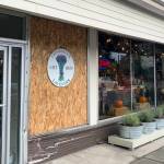 Sequim Gazette photo by Matthew Nash/ Cedarbrook Lavender was open for business as usual on Friday, Oct. 4, after a van backed into a front window the night before. Staff report they worked through the night and early morning to clean up and place a temporary board in place of the window.