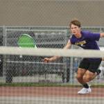 Sequim Gazette photo by Michael Dashiell / Sequims Mason Rapelje chases down a short volley in a No. 3 singles matcha against Bainbridge on Oct. 7. Rapelje topped Spartan Connor Firth in straight sets, 6-0 and 6-1.