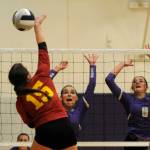 Sequim Gazette photo by Michael Dashiell
Sequims Sydney Clark, left, and Rose Gibson look to block a shot by Kingstons Maddie Brown in SHSs 3-0 win over the Buccaneers on Oct. 8.