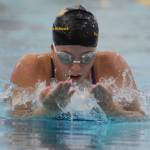 Sequim Gazette photo by Michael Dashiell / Sequims Annie Ellefson competes in the breaststroke portion of the 200 medley relay in the Wolves Oct. 9 home meet against East Jefferson. Sequim won the event in 2:11.69.
