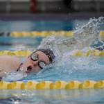 Sequim Gazette photo by Michael Dashiell / Sequims Keira Morey completes the anchor leg of the Wolves 200 medley relay in an Olympic League home meet against East Jefferson on Oct. 9. SHS topped the Rivals, 86-72.