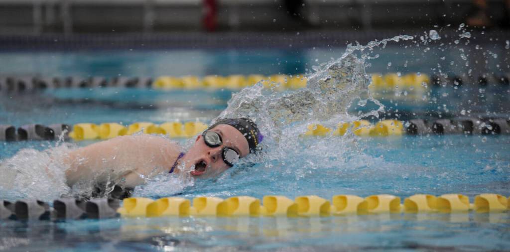 Sequim Gazette photo by Michael Dashiell / Sequims Keira Morey completes the anchor leg of the Wolves 200 medley relay in an Olympic League home meet against East Jefferson on Oct. 9. SHS topped the Rivals, 86-72.