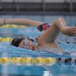 Sequim Gazette photo by Michael Dashiell / Sequims Annie Ellefson competes in the 200 freestyle event in the Wolves Oct. 9 home meet against East Jefferson. Ellefson won the event with a 2:23.82 finish.