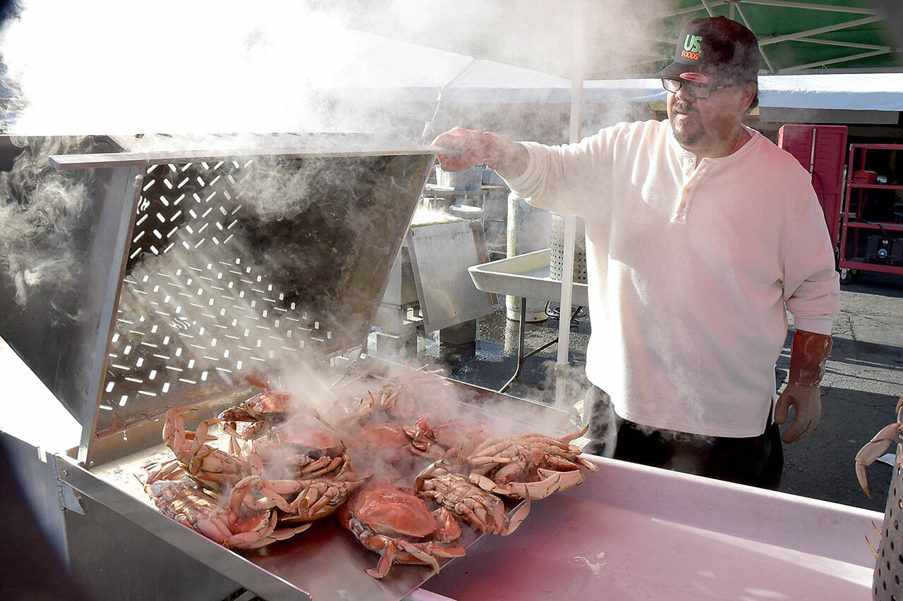 Photo by Keith Thorpe/Olympic Peninsula News Group Mario Casarez of U.S. Food pours out a batch of freshly-boiled crabs in preparation for todays opening day (Friday, Oct. 11) of the Dungeness Crab Festival. The three-day festival celebrates a wide variety of seafood available for purchase, as well as music, merchandise vendors and other activities centered around the Red Lion Hotel parking lot and other nearby venues.