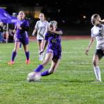 Sequim Gazette photo by Matthew Nash/ Kaiya Robinson (10) looks to the goal on Oct. 17 in a 5-0 win over the visiting Olympic Trojans.