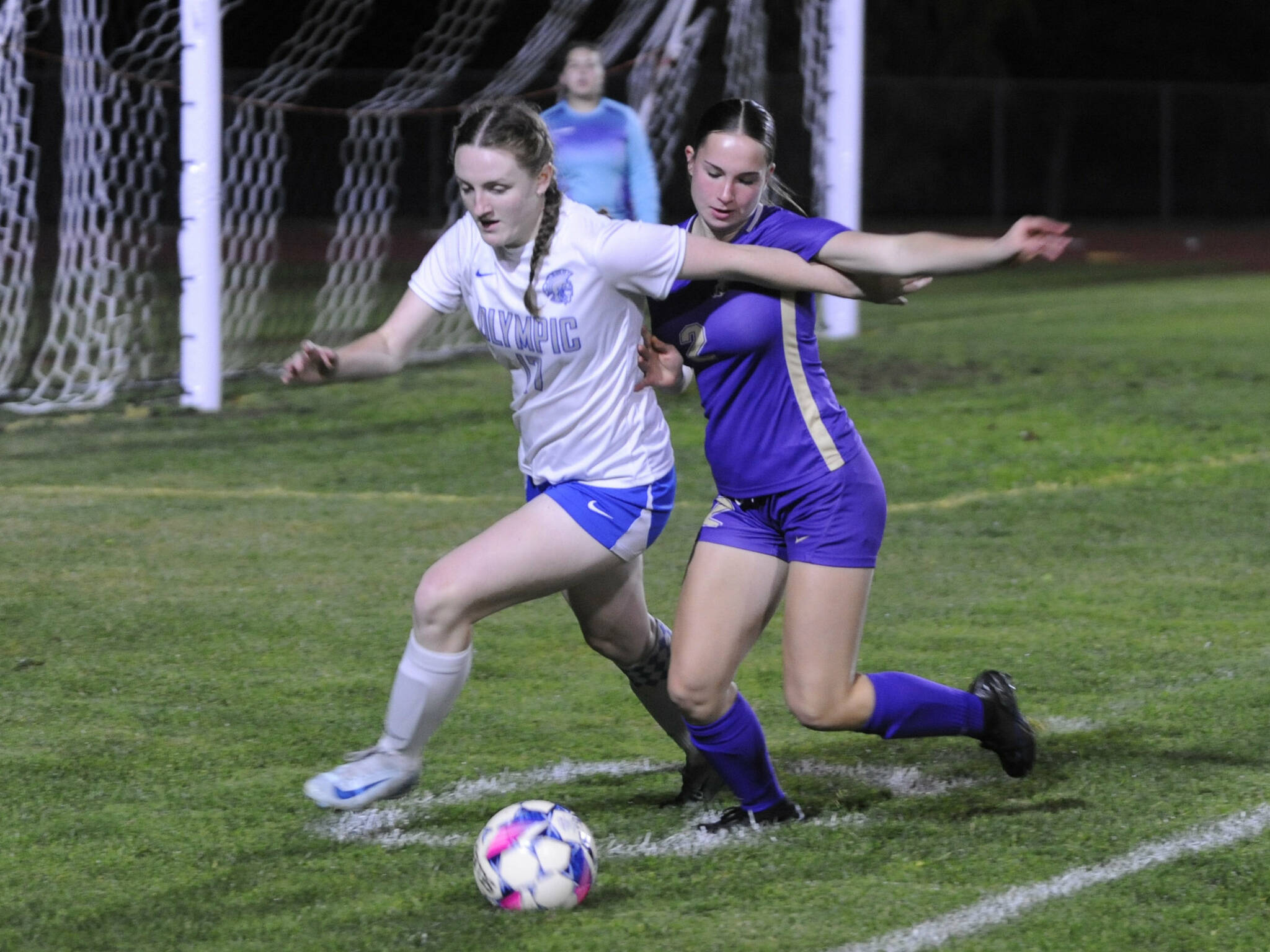 Sequim Gazette photos by Matthew Nash
Sequims Olive Bridge (2) , right and Olympics Kaylee Cushman (17) fight for the ball during a varsity matchup on Oct. 17 in Sequim. The Wolves won 5-0.