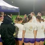 Sequim head coach Haley Hunsaker-Freeman talks with her team before Tuesday night's game at Port Angeles. (Pierre LaBossiere/Peninsula Daily News)
