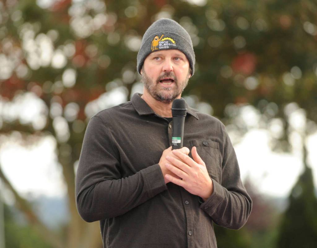 Sequim Gazette photo by Michael Dashiell / Sterling McCord speaks at the dedication of property that is named for his mother, Ruth C. McCord, on Oct. 25. McCord recalled the time his mother took him to see the property on West Hendrickson Road prior to owning it; the previous owners family had a motorcycle, and McCord said he was excited because he thought they were going to buy it. Instead. the owner offered to sell the land to his mother. I never did get that motorcycle, McCord joked at the park dedication.