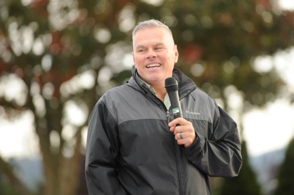 Sequim Gazette photo by Michael Dashiell / Scott McCord speaks about his mother Ruth at a park dedication ceremony on Oct. 25. The family made the property available to the city for its first west side park. She was not tempted by the money; she always hoped this would not be divided up, Scot McCord said.