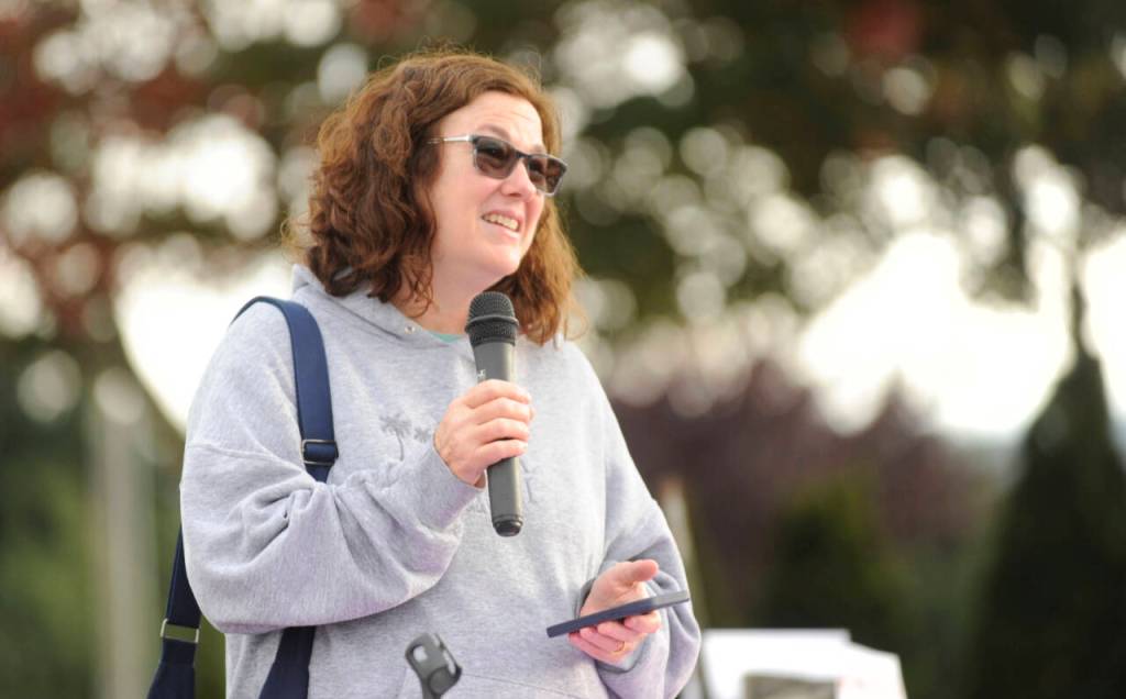 Sequim Gazette photo by Michael Dashiell / Julie McCord Perkins speaks at a park dedication ceremony in Sequim on Oct. 25. Property that her mother purchased decades ago will become Sequims first west side park. This park accomplishes all of her wishes, McCord Perkins said.