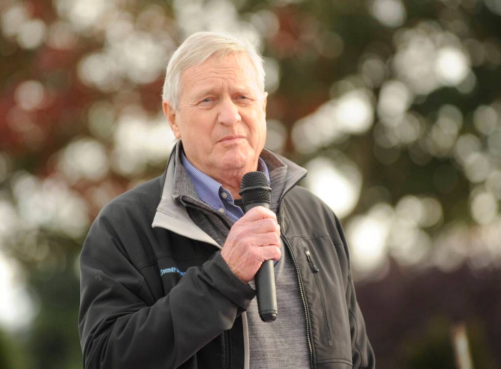 Sequim Gazette photo by Michael Dashiell / State Rep. Steve Tharinger (D-Port Townsend) speaks at a park dedication in Sequim on Oct. 25. In a town like Sequim, any piece of property thats not developed will become more and more important, he said.