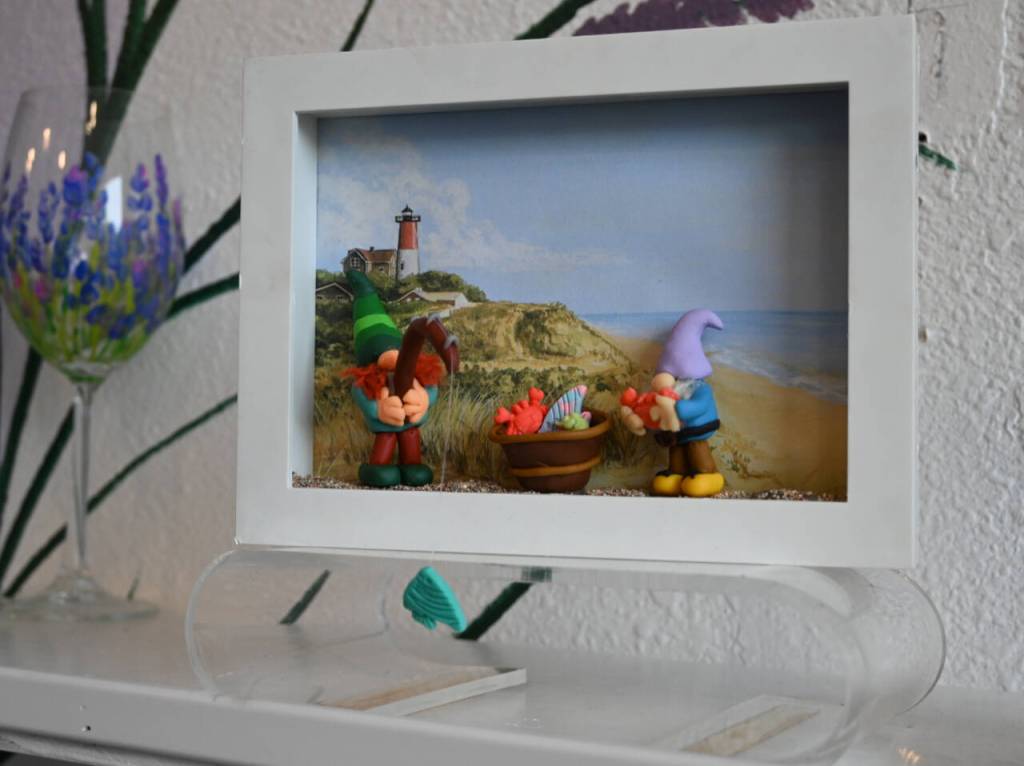 Sequim Gazette photo by Michael Dashiell / Jazmine Stamper tiny gnome scenes on wood rounds are available at Crafters Creations at 247 E. Washington St.