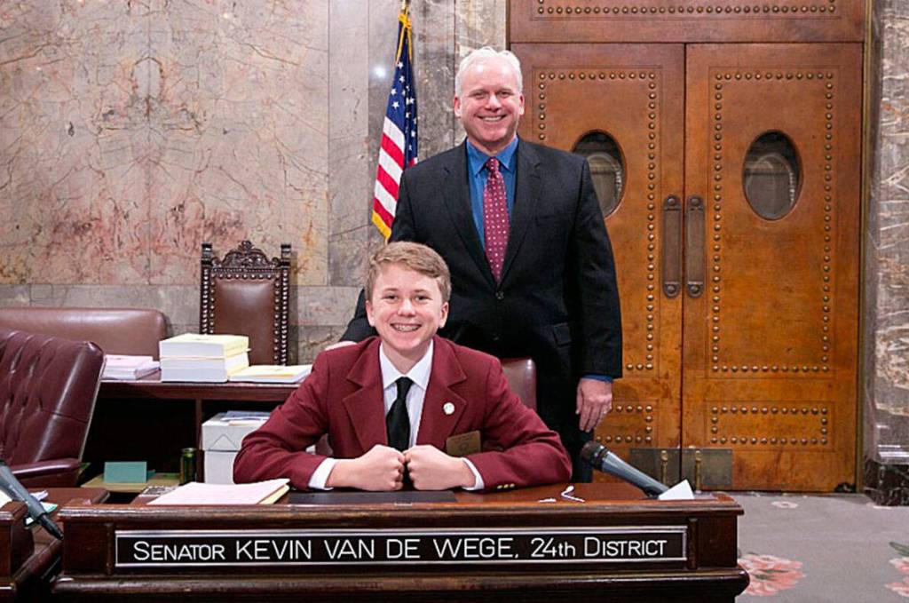 Photo courtesy Washington Democrats/ Jackson Van De Wege served as page for a week in March 2019 in the Washington State Senate for his father Sen. Kevin Van De Wege, D-Sequim. Allison Van De Wege, Kevins daughter, also served as a page in 2016.
