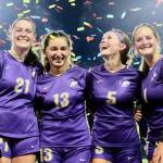 Photo by Daniel James / Sequim High girls soccers four seniors celebrate a big win over Bremerton (13-1) on Oct. 29. Pictured, from left, are Amara Gonzalez, Kalli Grove, Ivy Barrett and Libby Turella.