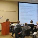 Sequim Gazette photo by Matthew Nash/ Dave Rice with Anchor QEA, lead engineering company for the Dungeness Off-Channel Reservoir, speaks to a capacity crowd in the Guy Cole Event Center on Oct. 22 about the next steps for the project, including a public comment period going through Nov. 21.