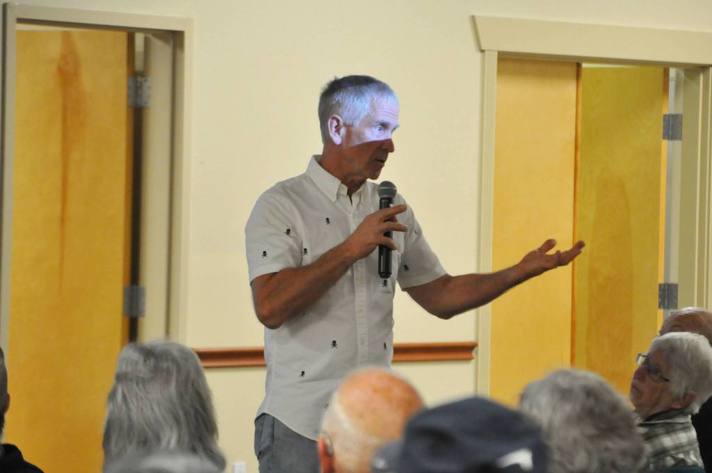 Sequim Gazette photo by Matthew Nash/ Ben Smith, board director of Highland Irrigation District, said the idea for the Dungeness Off-Channel Reservoir came from the Ag community as an option to put in another tool in place to protect farming. He was one of many residents to speak about the project that looks to store water in the winter and spring for dispersal in the late summer/early fall.