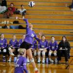 Sequim Gazette photo by Michel Dashiell
Sequim teammates look on as senior Arianna Stovall lines up a hit in the second set of an Olympic League tourney match at Bainbridge on Nov. 2.