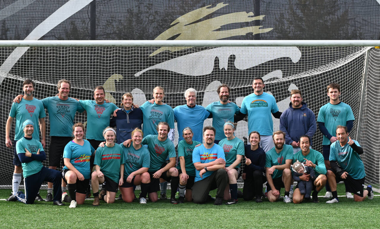 Photo courtesy of Peninsula College
Members of Peninsula Soccer Leagues Fall Championship winning team of Strait Slice Pizza celebrate their 3-0 title game victory on Nov. 3. Pictured are (back row, from left) Rob Walton, Sam Watson, Luke Strong-Cvetich, Kaye Thomas, Allison Mahaney, Ian Miller, Sam Havens, Kyle Henderson, Zach Gray and Sean Rankin, with (front row, from left) Kevin McGruther, Allison Snavely, Taryn Asmus, Kelsey Kuhn, Jimmy Quigley, Christine Loewe, Jack Waknitz, Victoria Jones, Mel Messineo, Isaiah Jindrich, Aaron Lee and Jay Marazon.