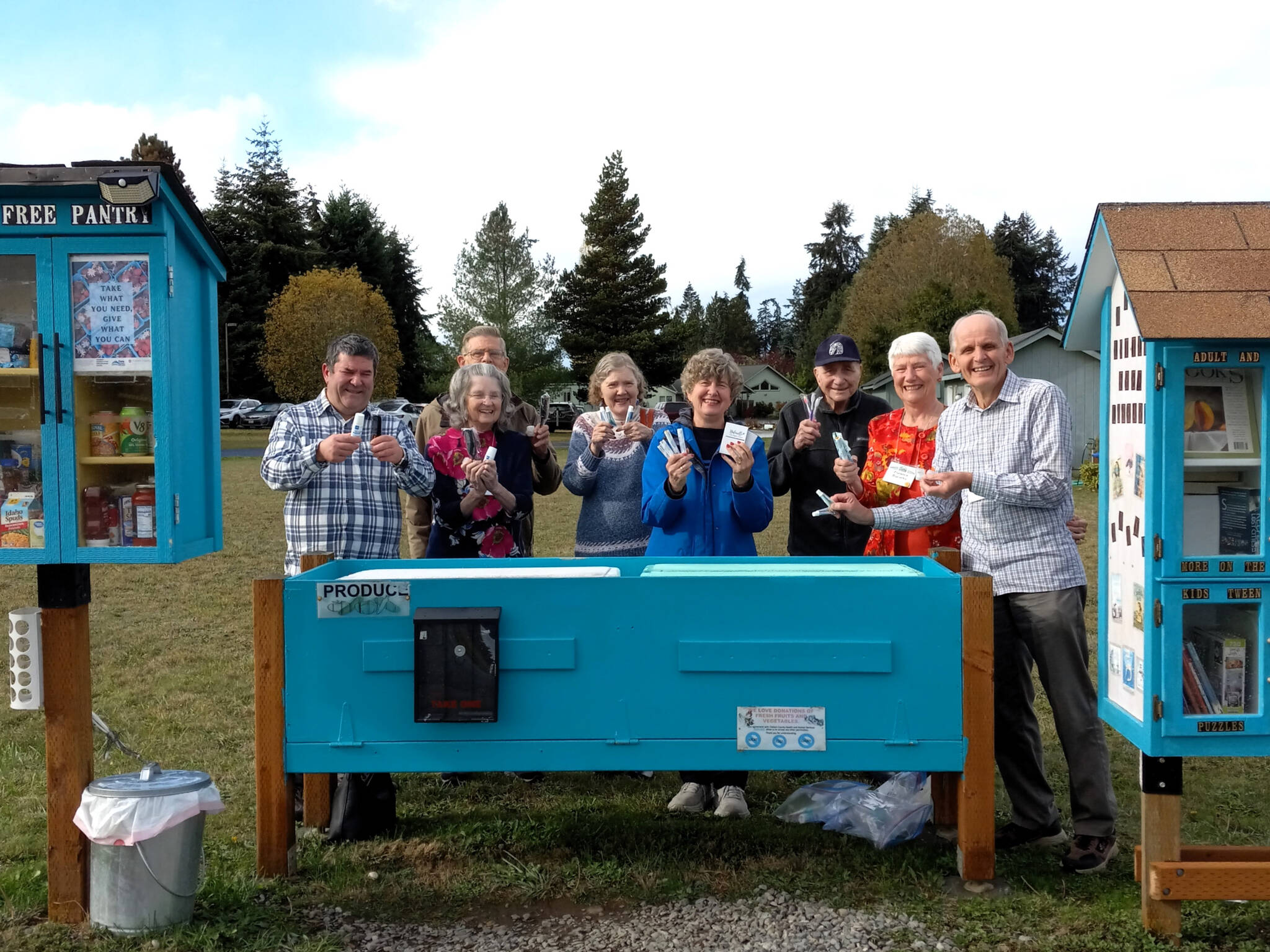 Photo taken by Penny Burdick
The Olympic Unitarian Universalist Fellowships Little Free Pantry, 1033 Barr Road in Agnew, recently added personal hygiene products to the items available to its participants thanks to a generous grant from the Ben and Myrtle Walkling Memorial Trust. Items include bar soap, razors, combs, hairbrushes, antiperspirant, adult and childrens toothbrushes, toothpaste, floss, and feminine hygiene products. The pantry, established in 2020 at the request of the director of the Sequim Food Bank, has grown over the years and expanded its food and abundant produce offerings, organizers said. Little Free Pantry Committee members, include from left, David Iezzi, Susan Harris, Dave Large, Dianne Whitaker, Vicki Sensiba, Ren Garypie, Florence Bucierka and Michael Bucierka. For more about the pantry, visit <a href="https://olympicuuf.com/our-community/think-globally-act-locally/little-free-pantry" target="_blank">olympicuuf.com/our-community/think-globally-act-locally/little-free-pantry</a>.