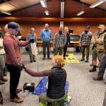 Photo courtesy of Clallam County Sheriffs Search and Rescue Team / Instructor April Grisetti of Peninsula Wild Med foreground, leads a two-day Wilderness First Aid training course in early November.