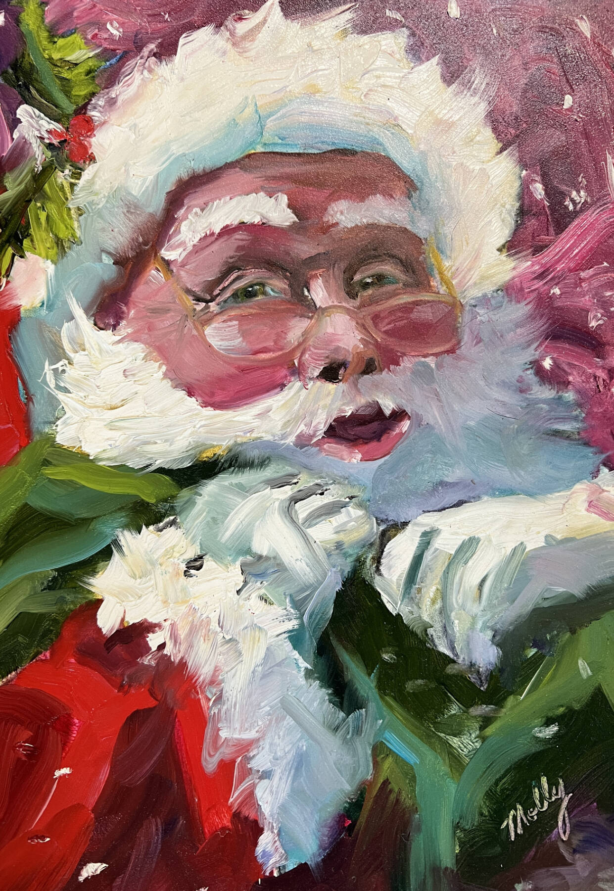 Artwork by Molly White / Santa by Molly White, a featured artist at the Blue Whole Gallerys Visions of Winter exhibit this December at the Blue Whole Gallery.