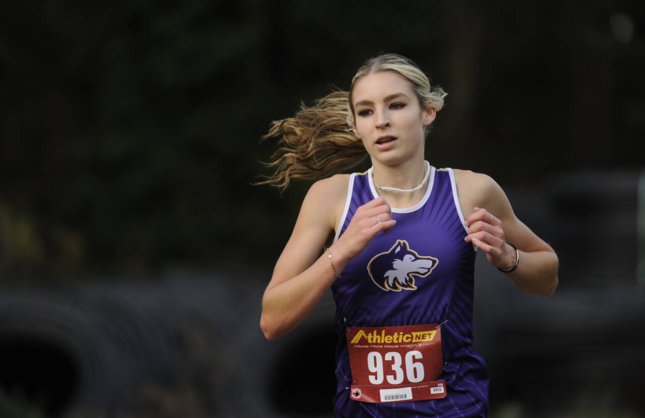 Sequim Gazette file photo by Michael Dashiell
Sequim High senior Dawn Hulstedt, pictured here running at the Olympic League championships in Sequim on Oct. 24, competed in the class 2A cross country championship meet in Pasco on Nov. 9.