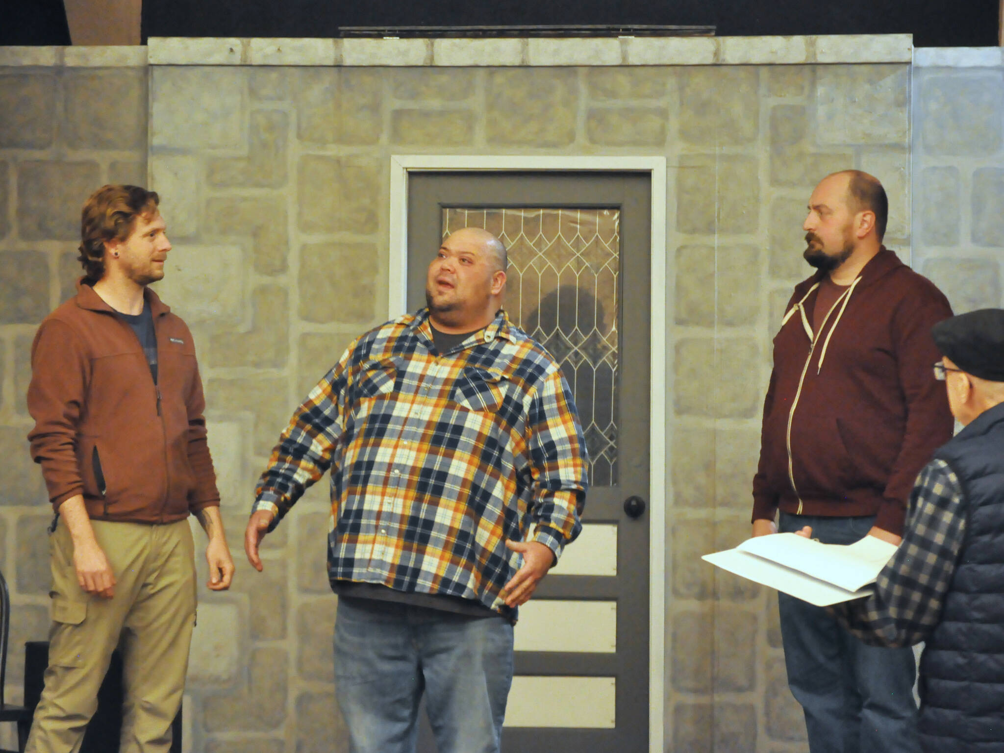 Sequim Gazette photo by Matthew Nash
Actors, from left, Justin Stapleton, Mario Arruda and Sean Stone rehearse Artificial Emotions, a short play written by John Painter and directed by Bill Stone, on far right. Itll be the first of eight plays in Olympic Theatre Arts New Works Showcase from Nov. 15-24.