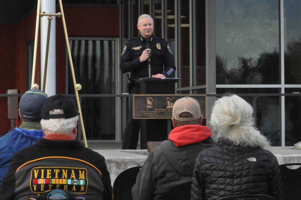 Sequim Gazette photo by Matthew Nash/ Police Chief Mike Hill welcomes veterans, community members and city staff to a ceremony on Nov. 8 honoring veterans.