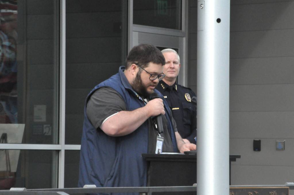 Sequim Gazette photo by Matthew Nash/ Mayor Brandon Janisse reads a proclamation recognizing Veterans Day.