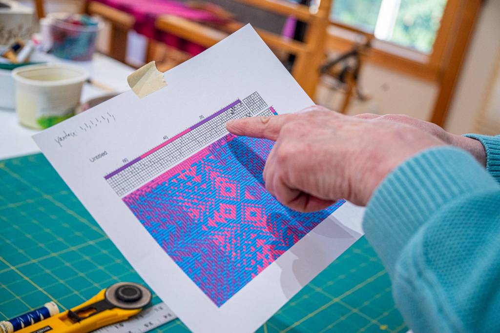 Sequim Gazette photo by Emily Matthiessen/ Lynn Baritelle, master weaver, describes the intricasies of a pattern. The math involved has helped her to stay intellectually acute into her 80s she said.