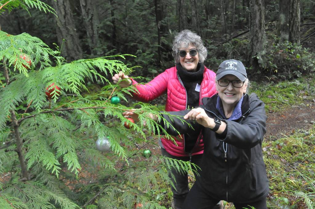 Sequim Gazette photo by Matthew Nash/ Jill Hoffman and Teresa Cody work together to decorate one of the many areas along Diamond Point Road. The friends have helped with the effort for years, Cody said. We really enjoy it, she said.