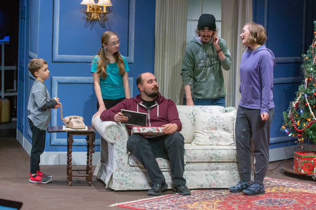 Sequim Gazette Photo by Emily Matthiessen/ Liam Patterson, Trinity Devlin, Sean Stone, Sean McDaniel and Rebecca Maberry rehearse a scene for OTA's upcoming play "The Rented Christmas."