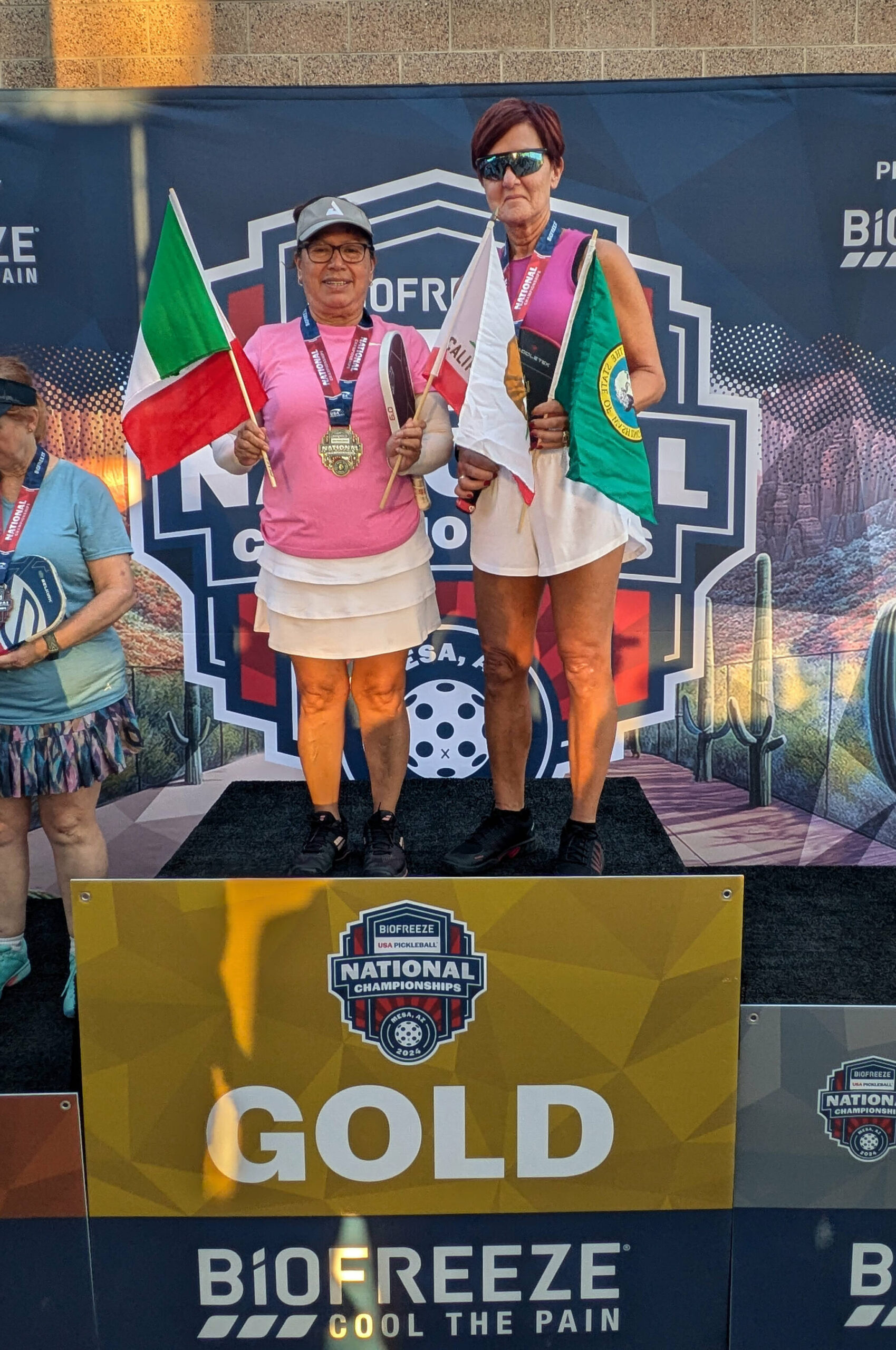 Photo courtesy Pauline Geraci/ Pauline Geraci of Sequim, on right, won the womens doubles tournament gold for ages 65-69, 4.0-4.5 level with Consuelo Felix of Oak Hills, Calif., on Nov. 10 at the 2024 Biofreeze USA Pickleball National Championships. With the win, she automatically qualifies for the 2025 National Championships.