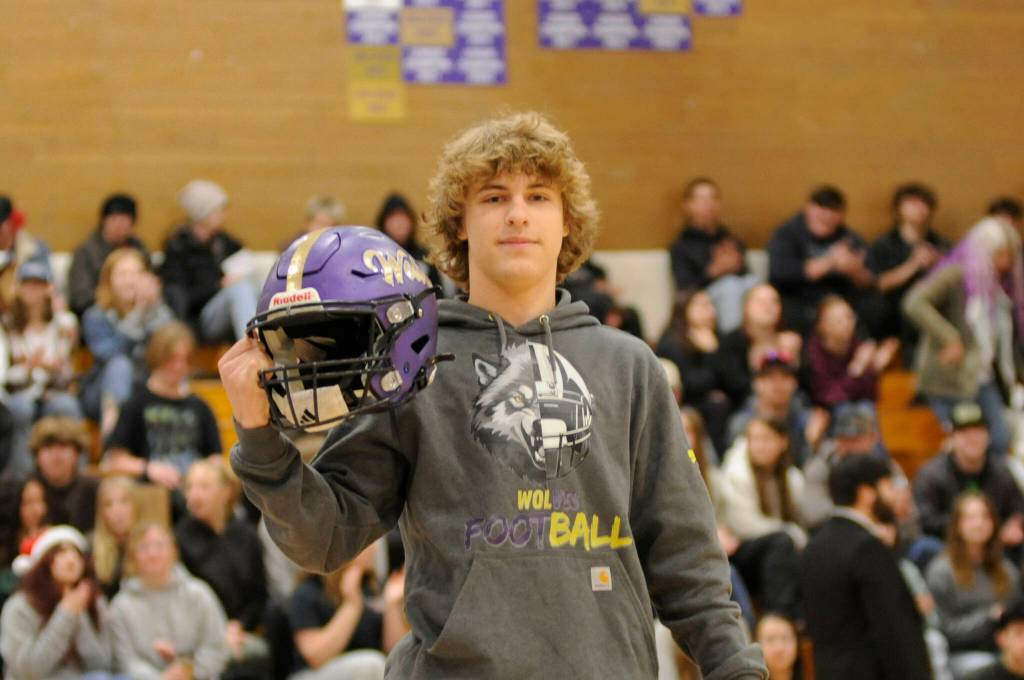 Sequim Gazette photos by Matthew Nash
For his Winter Wish, Simon Skribner asked to keep the football helmet hes worn all four years of high school.