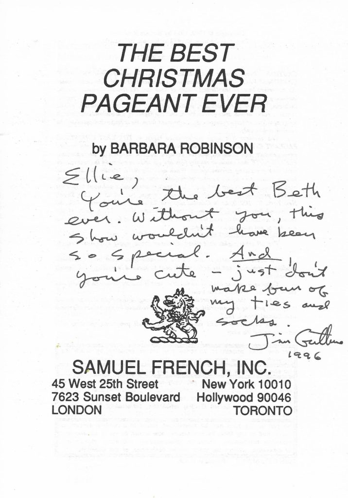 Photo courtesy Ellie Leonard/ Director Jim Guthrie gave Ellie (Leinart) Leonard a copy of the script for The Best Christmas Pageant Ever with a note after she found out she had chickenpox.
