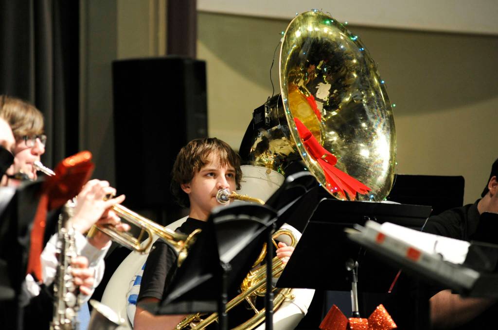Benjamin Lobo plays his festively decorated tuba with Sequim High Schools Concert Ensemble on Dec. 19 for the All Bands Concert in the Sequim High Auditorium.