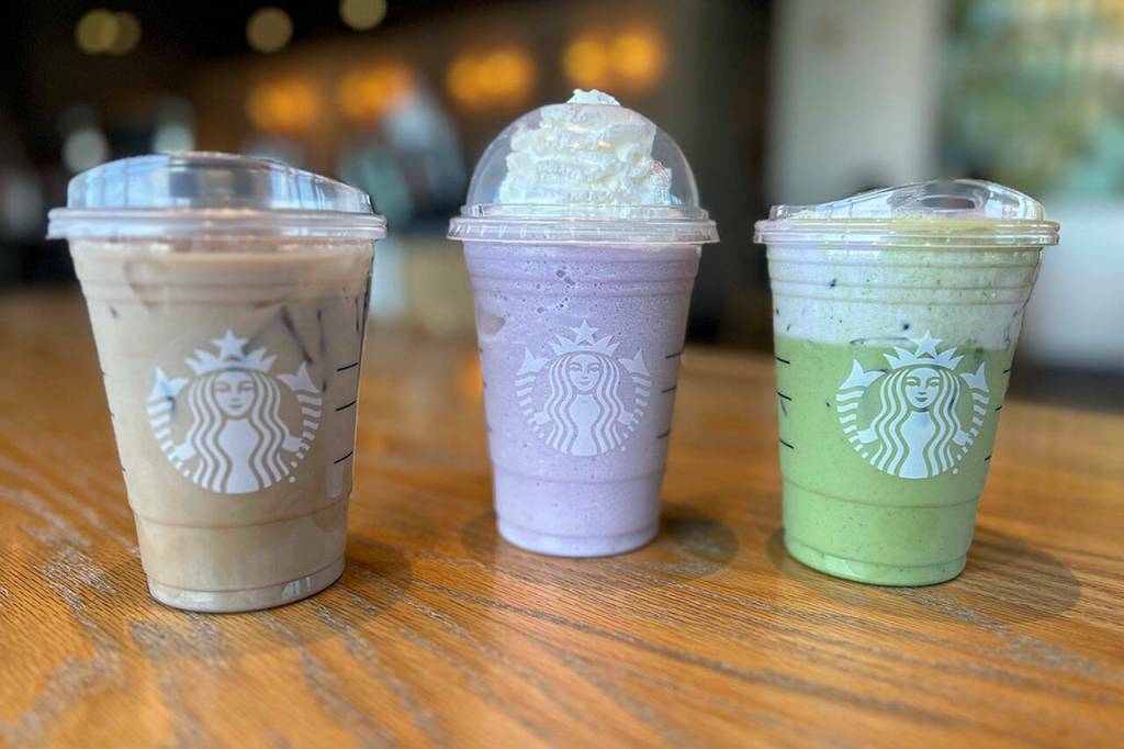 Sequim Gazette photo by Matthew Nash This spring, Starbucks is offering lavender drinks that were partly inspired by beverage development team members visit to Sequim last year. The new drinks, include, from left, Iced Lavender Oatmilk Latte, Lavender Crème Frappuccino Blended Beverage, and Iced Lavender Cream Oatmilk Matcha.