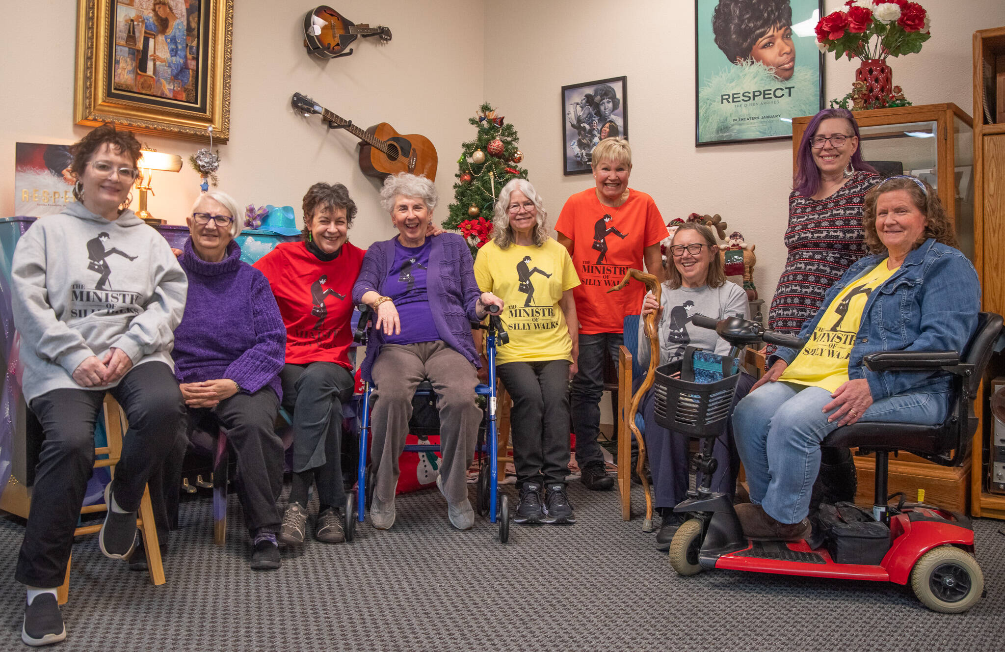 Sequim Gazette photo by Emily Matthiessen/ At their latest get-together, the Sequim MS (multiple sclerosis) Support Group joked that they consider themselves the ministry of silly walks, referencing a Monty Python sketch. From left to right: Kelly St. Claire, visitor Ely Springer, Jill Osborn, Diane Reaves, Susan Hedding, Lori Jacobs, Linda Plenart, Wendy Valentine and Dani Goulding.