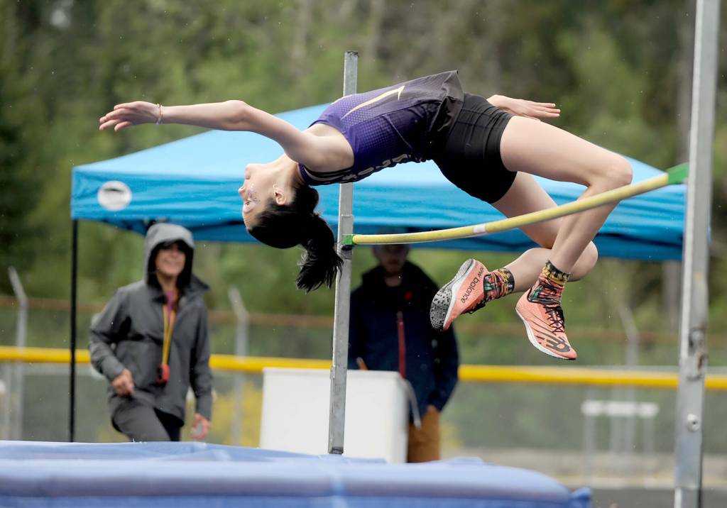 Sequim Gazette photos by Michael Dashiell
Sequim freshman Clare Turella captured a state title by clearing 5-feet, 2-inches at the class 2A State Track and Field Championships on May 23 at Mount Tahoma High School. Turella is pictured at the class 2A Bi-District Championship a week prior.