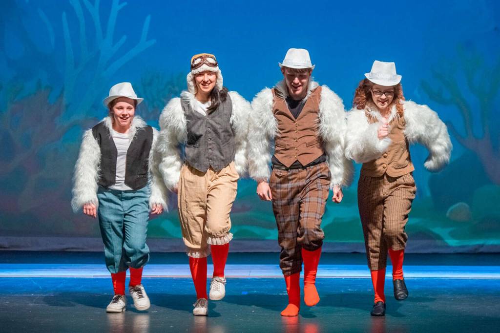 Photo by Emily Matthiessen
Gulls, from left, Christina Possinger, Grace Pereira, Caleb Crawford, and Belle Robinson sing a tune during Ghostlight Productions The Little Mermaid Jr in March.