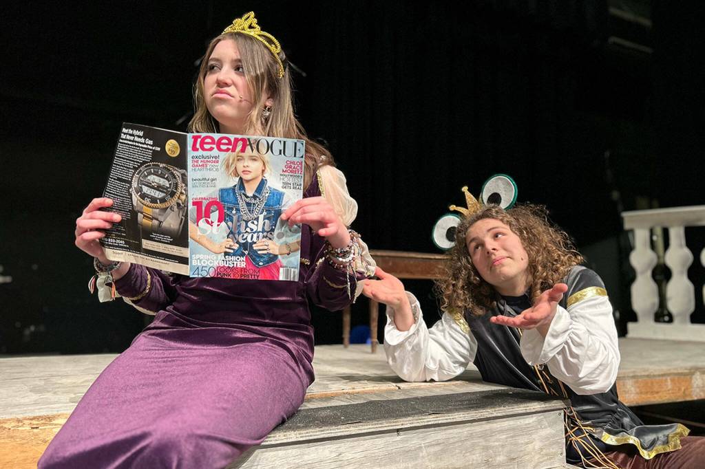 Sequim Gazette photos by Matthew Nash/ Princess Kendall Day princess ignores the advances of the Frog Prince played by Aeden Sison during The Brothers Grimm Spectaculathon, a benefit for the Class of 2024 that ran from Feb. 29-March 3.