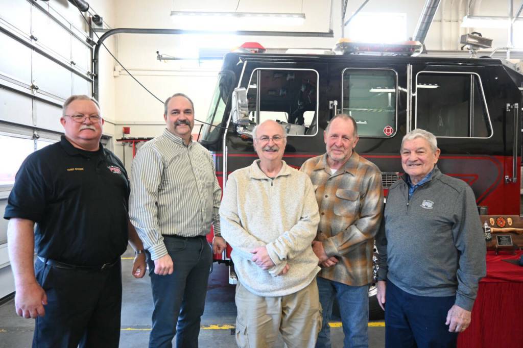 Sequim Gazette photo by Michael Dashiell 
The current and former fire chiefs with Clallam County Fire District 3 gather on March 27 to send off outgoing chiefs Ben Andrews and Dan Orr. Pictured, from left, are current District 3 chief Justin Grider; Andrews; former chief Steve Vogel; Orr, and former chief Tom Lowe.