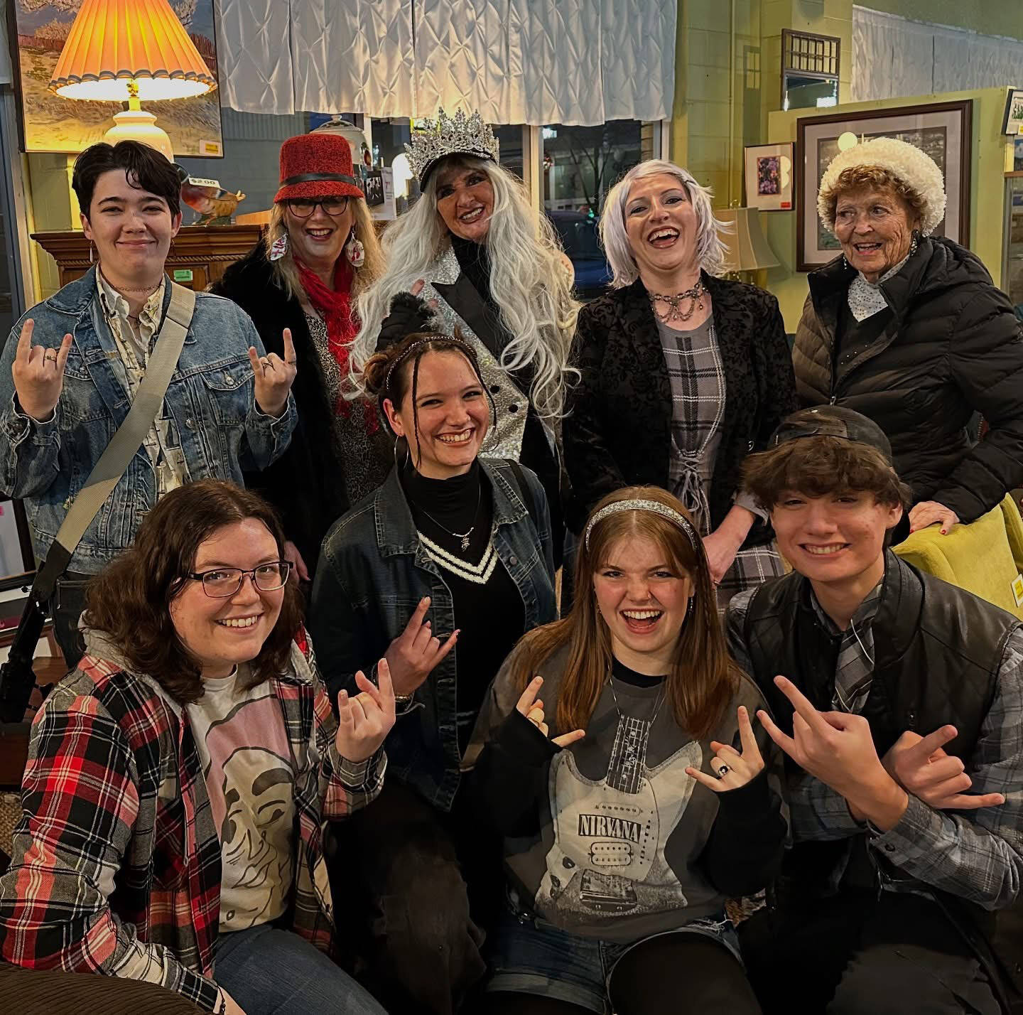 Photo courtesy of Renne Brock
There were plenty of suspects in the ninth annual Whodunnit Downtown? mystery game shenanigans that took place Jan. 3 during the First Friday Art Walk. Shady characters featured in The Case of the Platinum Record Disharmony were (front row): Caitlin Knapple, Melanie Byrne, Violet Phillips and Malachi Byrne, and (back row) Kendall Melton, Julie Hembree, Captain Crystal Stout, Susan Cates and Emily Westcott. Melton, a.k.a. Jack Trades, was the perpetrator.
There were plenty of suspects in the Ninth Annual Whodunnit Downtown mystery game shenanigans. They were (front row): Caitlin Knapple, Melanie Byrne, Violet Phillips and Malachi Byrne, and (back row) Kendall Melton, Julie Hembree, Captain-Crystal Stout, Susan Cates and Emily Westcott. Melton, a.k.a. Jack Trades, was the perpetrator. (Courtesy photo)