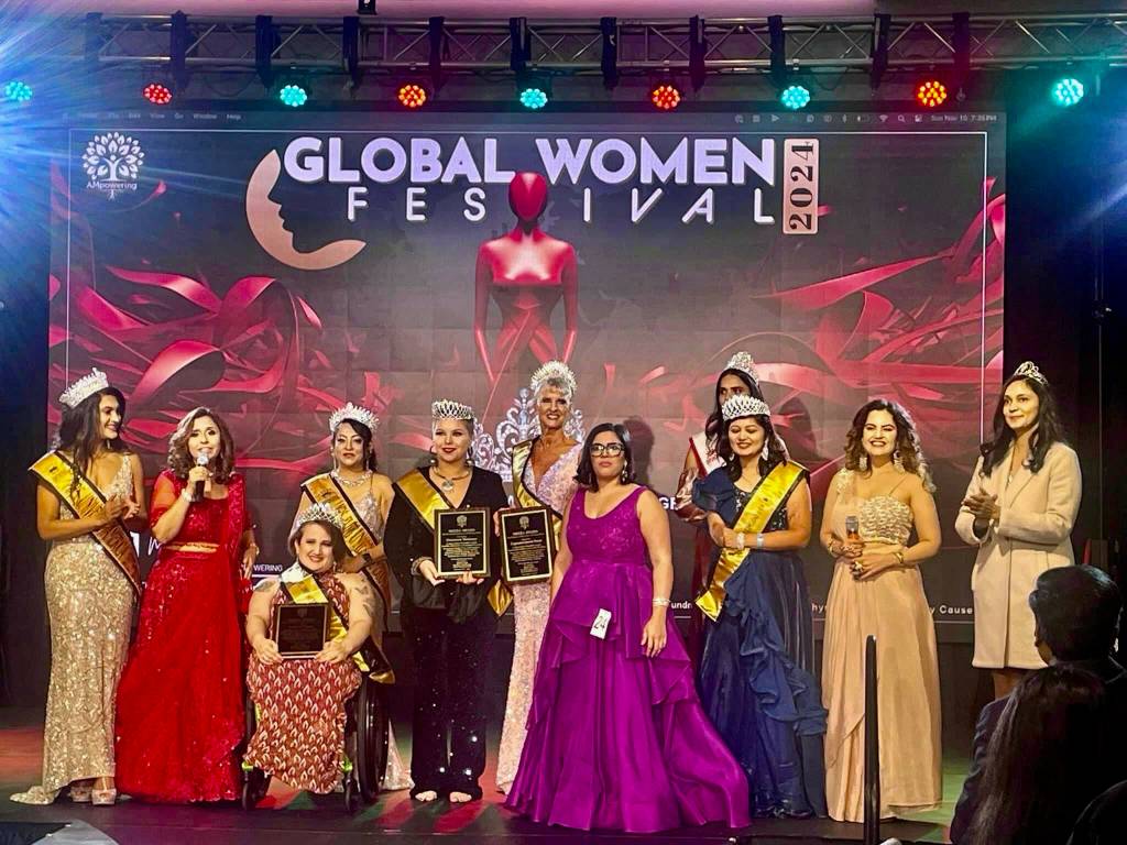 Photo courtesy Tyree Photography/ Sequims Captain Crystal Stout, pictured in center, was crowned Ms Senior International America in November at the Ampowering Global Women Festival in Renton. She also won a Most Exceptional Endurance and Resilience Award (MEERA) with three other women who overcame their personal disabilities.
